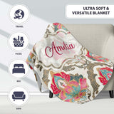 Ornate Damask Floral Pattern with Pink and Teal Motifs Seamless  Personalised Custom Name Super Soft Fleece Blanket Bed Sofa Throw