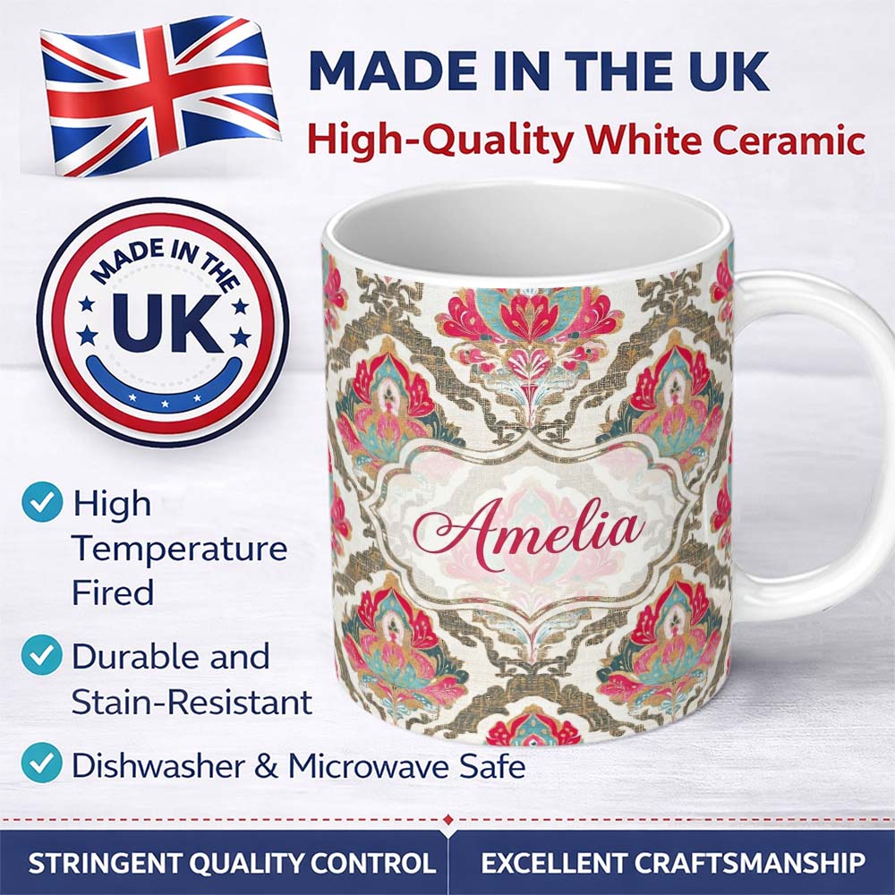 Personalized Custom Name Ornate Damask Floral Pattern with Pink and Teal Motifs Seamless 11oz Ceramic Coffee Tea Mug White Large Handle