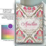 Ornate Damask Floral Pattern with Pink and Teal Motifs Seamless  Personalised Custom Name Super Soft Fleece Blanket Bed Sofa Throw