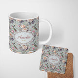 Personalized Custom Name Elegant Hummingbird with Roses Soft Pastel Floral Seamless Pattern 11oz Ceramic Coffee Tea Mug White Large Handle