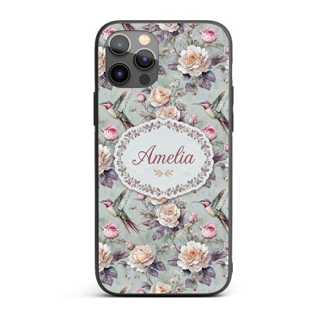 Elegant Hummingbird with Roses Soft Pastel Floral Custom Name Protective Phone Case Mobile Cover Durable Everyday Smartphone Shock Resistant