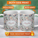 Personalized Custom Name Elegant Hummingbird with Roses Soft Pastel Floral Seamless Pattern 11oz Ceramic Coffee Tea Mug White Large Handle