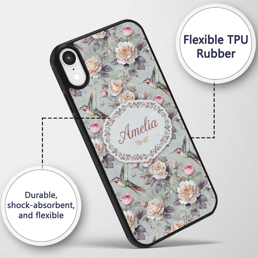 Elegant Hummingbird with Roses Soft Pastel Floral Custom Name Protective Phone Case Mobile Cover Durable Everyday Smartphone Shock Resistant