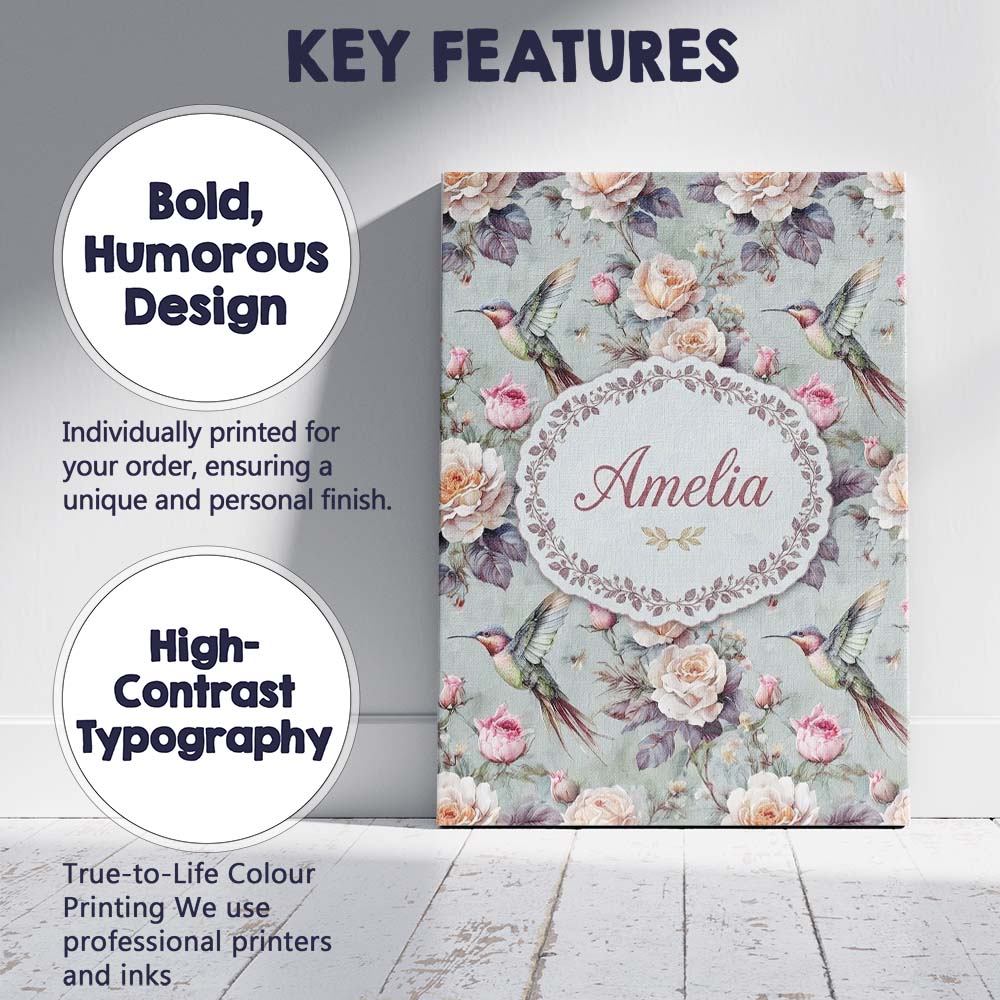 Personalised Name Elegant Hummingbird with Custom  Bespoke Contemporary Statement Canvas Wall Art Print Decor Picture Ready to Hang