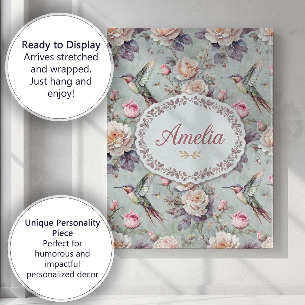 Personalised Name Elegant Hummingbird with Custom  Bespoke Contemporary Statement Canvas Wall Art Print Decor Picture Ready to Hang