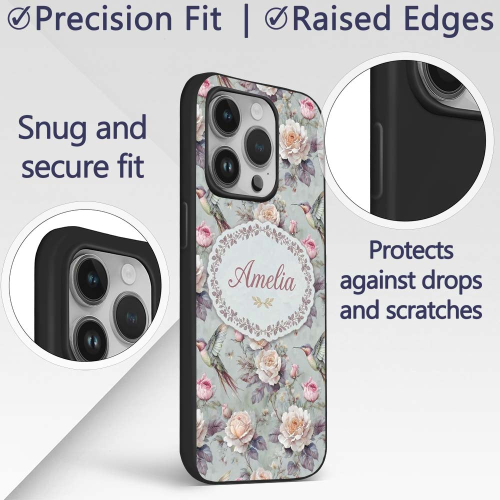 Elegant Hummingbird with Roses Soft Pastel Floral Custom Name Protective Phone Case Mobile Cover Durable Everyday Smartphone Shock Resistant