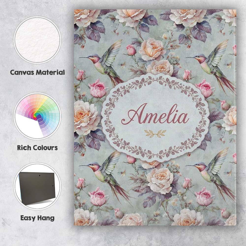 Personalised Name Elegant Hummingbird with Custom  Bespoke Contemporary Statement Canvas Wall Art Print Decor Picture Ready to Hang