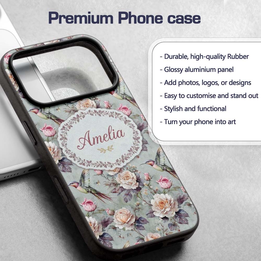 Elegant Hummingbird with Roses Soft Pastel Floral Custom Name Protective Phone Case Mobile Cover Durable Everyday Smartphone Shock Resistant