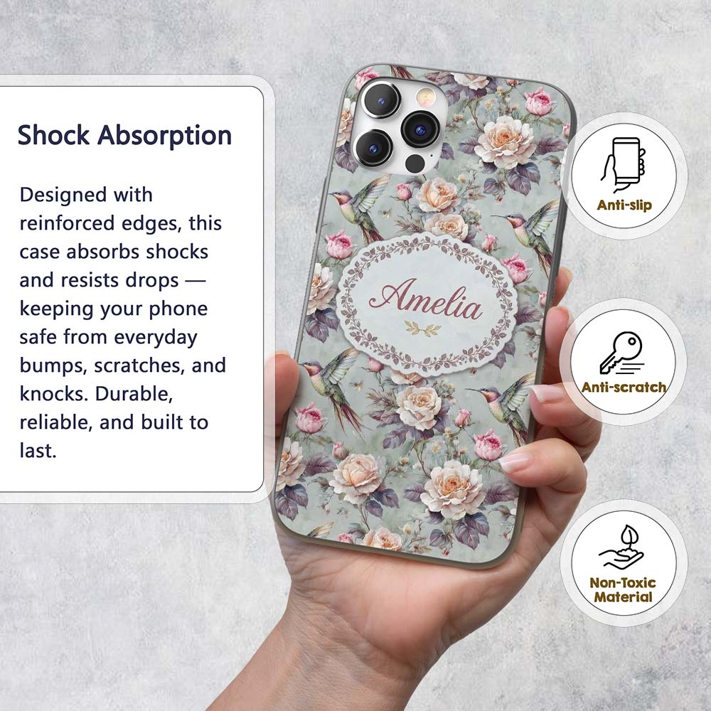 Elegant Hummingbird with Roses Soft Pastel Floral Custom Name Protective Phone Case Mobile Cover Durable Everyday Smartphone Shock Resistant