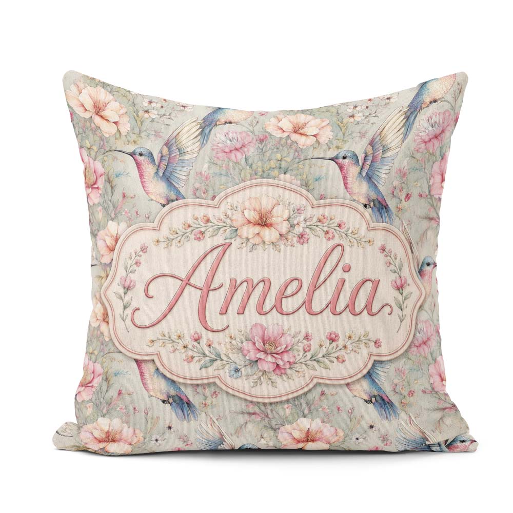 Custom Name Soft Watercolor Hummingbird with Wildflowers Pattern Square Filled Cushion Throw Pillow Sofa Bed Home Decor Zip Washable UK Made