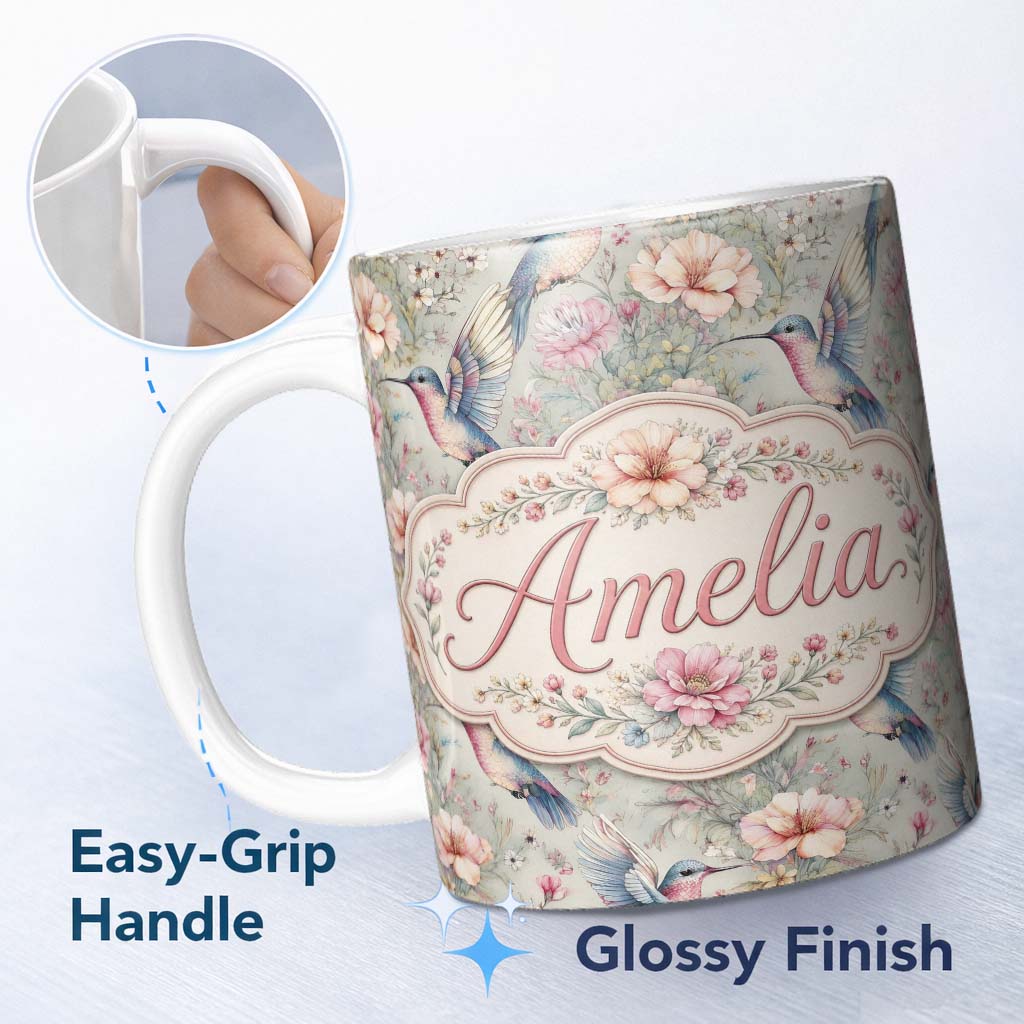 Personalized Custom Name Soft Watercolor Hummingbird with Wildflowers Seamless Pattern Name 11oz Ceramic Coffee Tea Mug White Large Handle