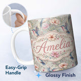 Personalized Custom Name Soft Watercolor Hummingbird with Wildflowers Seamless Pattern Name 11oz Ceramic Coffee Tea Mug White Large Handle