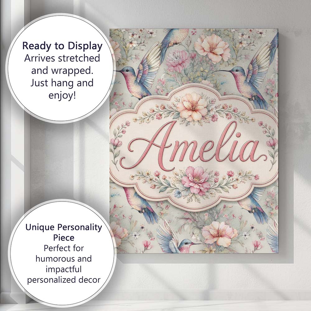 Personalised Name Soft Watercolor Hummingbird Custom Unique Gift Idea Modern Room Accent Canvas Wall Art Print Decor Picture Ready to Hang