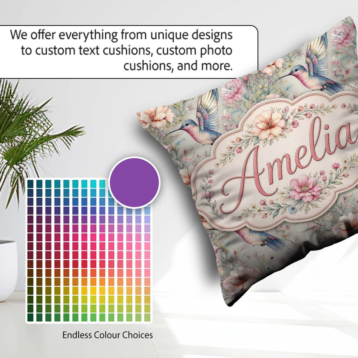 Custom Name Soft Watercolor Hummingbird with Wildflowers Pattern Square Filled Cushion Throw Pillow Sofa Bed Home Decor Zip Washable UK Made