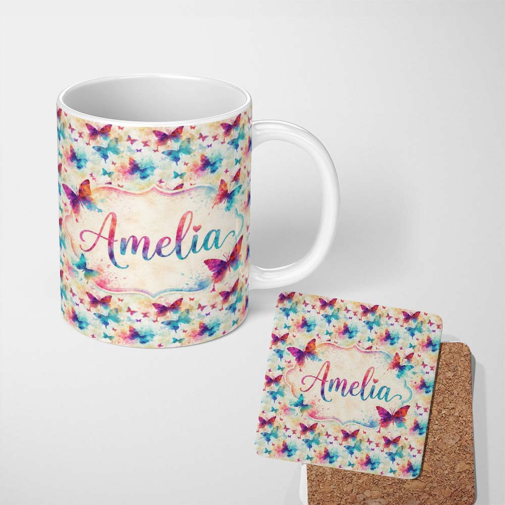 Personalized Custom Name Bright Watercolor Butterflies with Color Splash Effect Seamless 11oz Ceramic Coffee Tea Mug White Large Handle