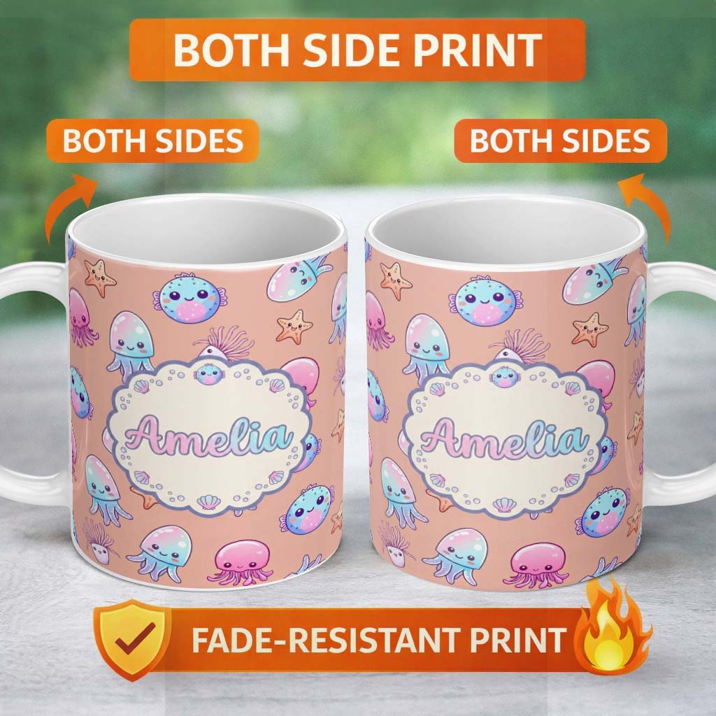 Personalized Custom Name Kawaii Jellyfish Starfish and Sea Creatures Warm Peach Background 11oz Ceramic Coffee Tea Mug White Large Handle