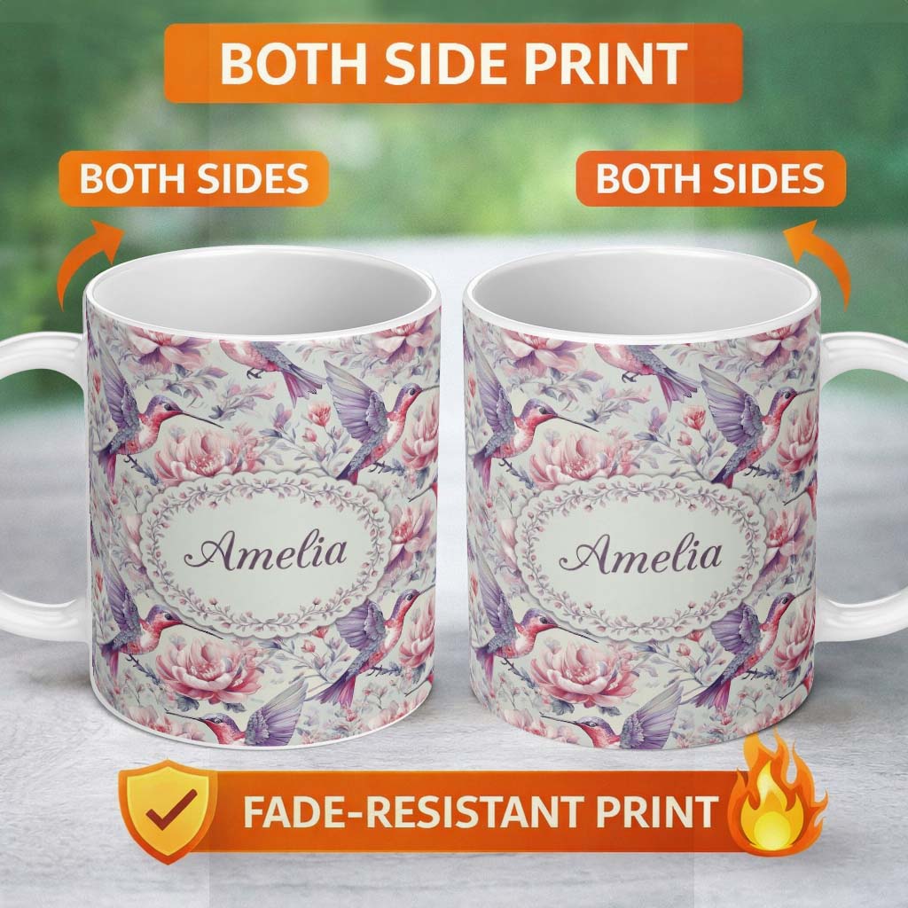 Personalized Custom Name Vintage Style Hummingbird and Floral Garden Seamless Pattern Name 11oz Ceramic Coffee Tea Mug White Large Handle