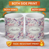 Personalized Custom Name Vintage Style Hummingbird and Floral Garden Seamless Pattern Name 11oz Ceramic Coffee Tea Mug White Large Handle