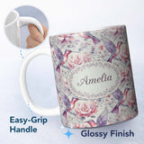 Personalized Custom Name Vintage Style Hummingbird and Floral Garden Seamless Pattern Name 11oz Ceramic Coffee Tea Mug White Large Handle