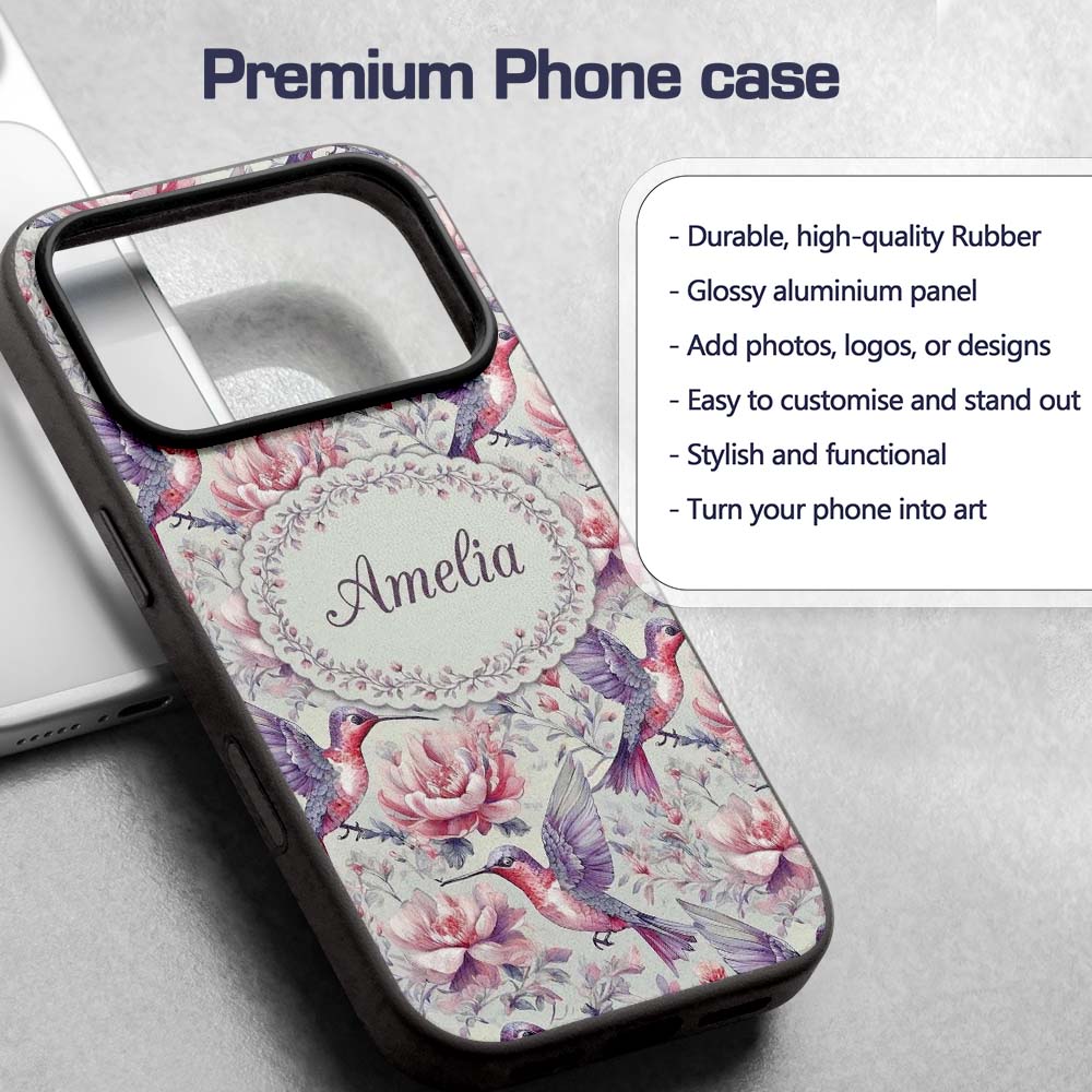 Vintage Style Hummingbird and Printed Design Custom Name Protective Phone Case Mobile Cover Durable Everyday Smartphone Shock Resistant