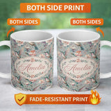 Personalized Custom Name Elegant Hummingbird with Soft Pink Flowers Seamless Pattern Name 11oz Ceramic Coffee Tea Mug White Large Handle
