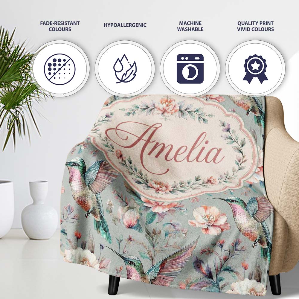 Elegant Hummingbird with Soft Pink Flowers Seamless Pattern Name  Personalised Custom Name Super Soft Fleece Blanket Bed Sofa Throw
