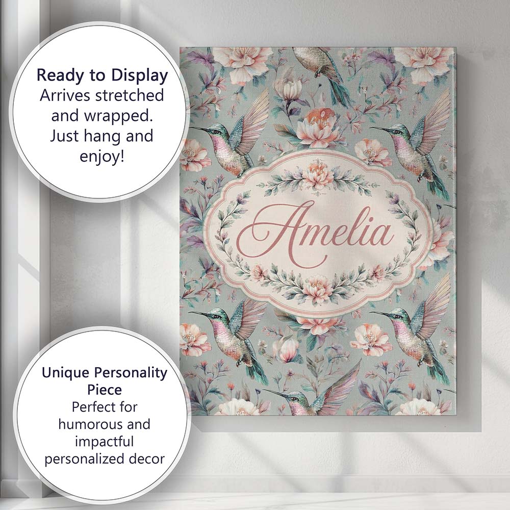 Personalised Name Elegant Hummingbird with Custom  Bespoke Contemporary Statement Canvas Wall Art Print Decor Picture Ready to Hang
