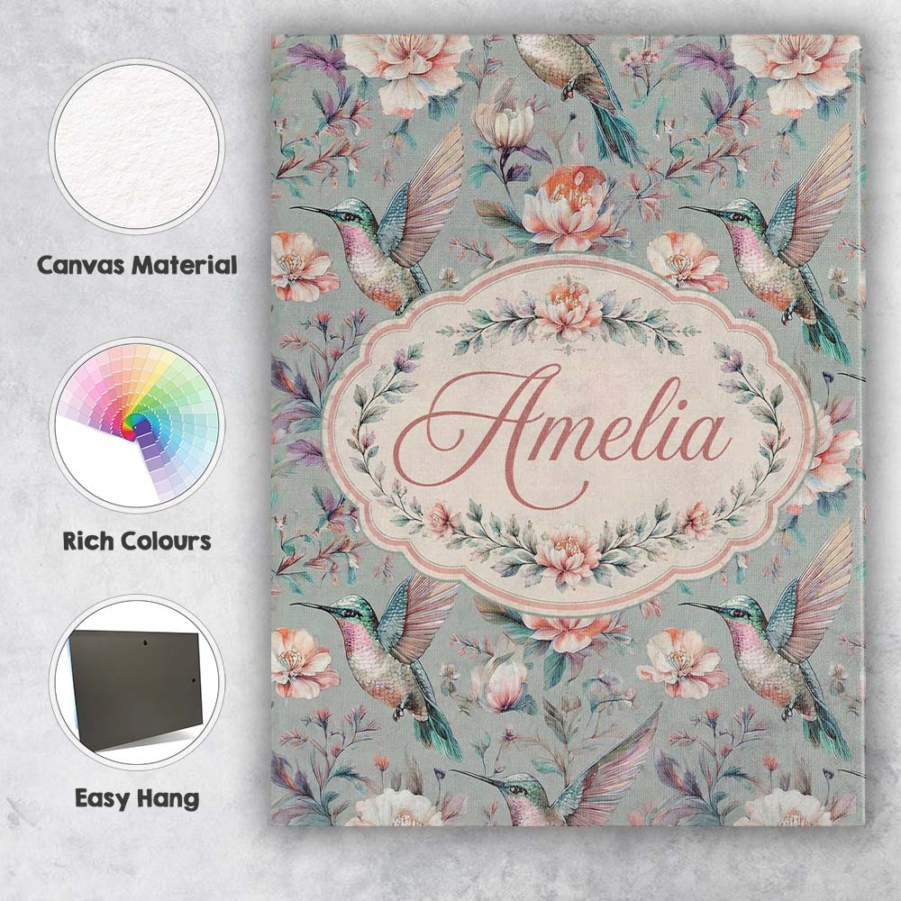 Personalised Name Elegant Hummingbird with Custom  Bespoke Contemporary Statement Canvas Wall Art Print Decor Picture Ready to Hang