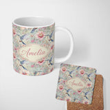 Personalized Custom Name Pastel Hummingbird and Blossom Garden Seamless Pattern Name Cute 11oz Ceramic Coffee Tea Mug White Large Handle