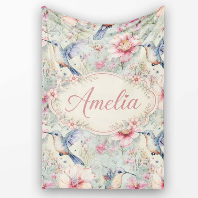 Pastel Hummingbird and Blossom Garden Seamless Pattern Name Cute  Personalised Custom Name Super Soft Fleece Blanket Bed Sofa Throw