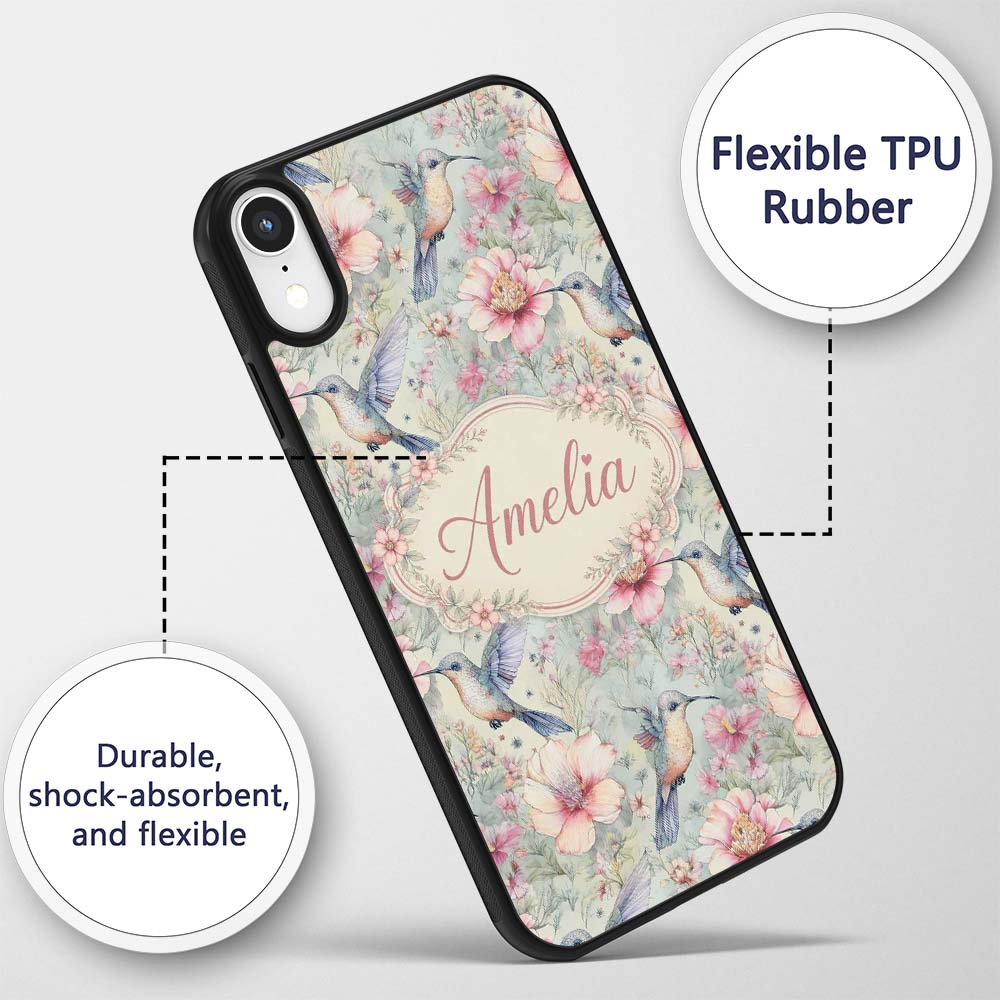 Pastel Hummingbird and Blossom Garden Seamless Custom Name Protective Phone Case Mobile Cover Durable Everyday Smartphone Shock Resistant