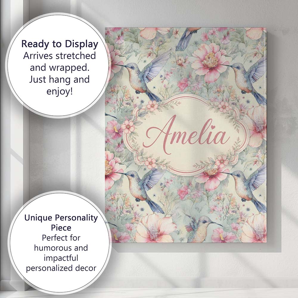 Personalised Name Pastel Hummingbird and Custom  Unique Gift Idea Elegant Feature Canvas Wall Art Print Decor Picture Ready to Hang