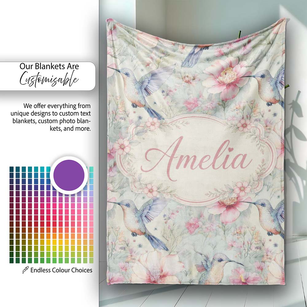 Pastel Hummingbird and Blossom Garden Seamless Pattern Name Cute  Personalised Custom Name Super Soft Fleece Blanket Bed Sofa Throw