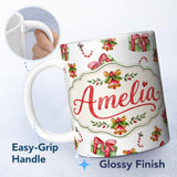 Personalized Custom Name Watercolor Christmas Gift Box Candy Cane Bell Seamless Pattern 11oz Ceramic Coffee Tea Mug White Large Handle
