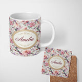 Personalized Custom Name Pastel Hummingbird with Pink Peony Flowers Seamless Pattern Name 11oz Ceramic Coffee Tea Mug White Large Handle