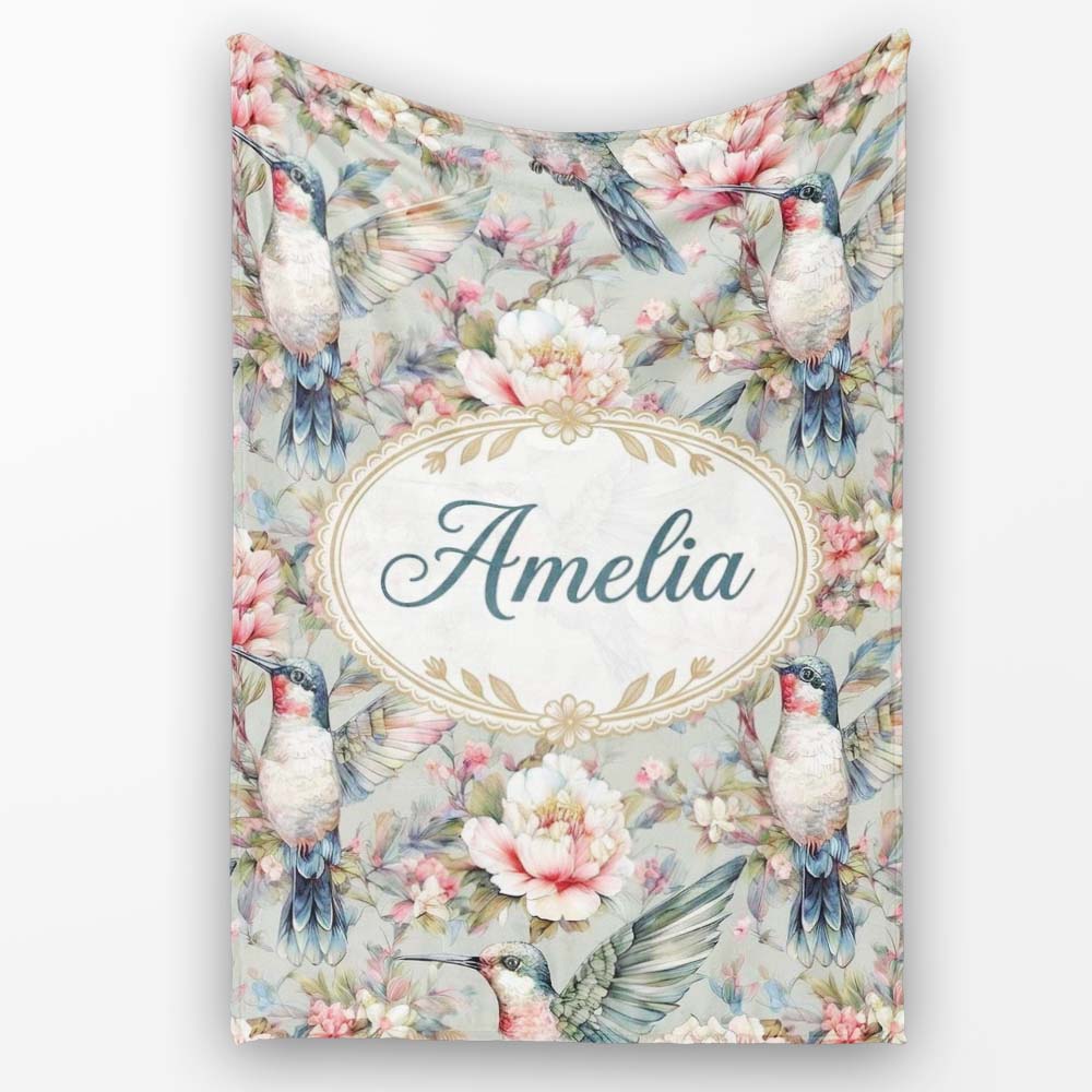 Vintage Hummingbird with Soft Floral Garden Seamless Pattern Name  Personalised Custom Name Super Soft Fleece Blanket Bed Sofa Throw