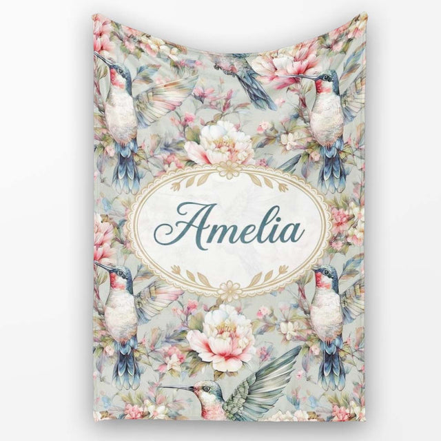 Vintage Hummingbird with Soft Floral Garden Seamless Pattern Name  Personalised Custom Name Super Soft Fleece Blanket Bed Sofa Throw