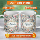 Personalized Custom Name Vintage Hummingbird with Soft Floral Garden Seamless Pattern Name 11oz Ceramic Coffee Tea Mug White Large Handle