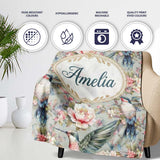 Vintage Hummingbird with Soft Floral Garden Seamless Pattern Name  Personalised Custom Name Super Soft Fleece Blanket Bed Sofa Throw