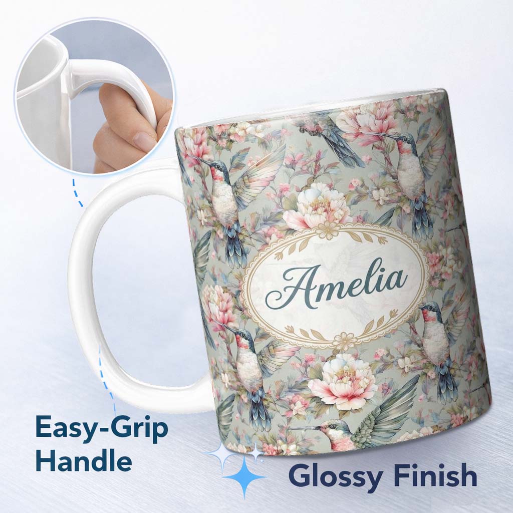 Personalized Custom Name Vintage Hummingbird with Soft Floral Garden Seamless Pattern Name 11oz Ceramic Coffee Tea Mug White Large Handle