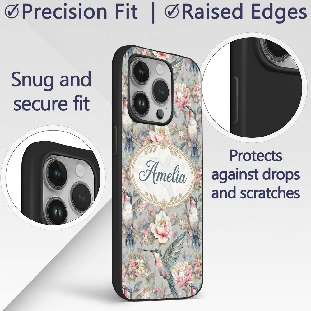 Vintage Hummingbird with Soft Printed Design Custom Name Protective Phone Case Mobile Cover Durable Everyday Smartphone Shock Resistant