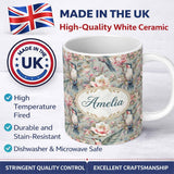 Personalized Custom Name Vintage Hummingbird with Soft Floral Garden Seamless Pattern Name 11oz Ceramic Coffee Tea Mug White Large Handle