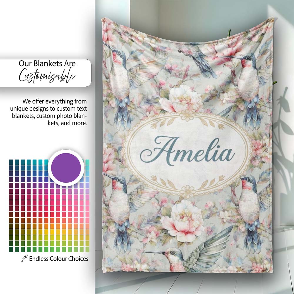 Vintage Hummingbird with Soft Floral Garden Seamless Pattern Name  Personalised Custom Name Super Soft Fleece Blanket Bed Sofa Throw