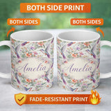 Personalized Custom Name Colorful Hummingbird with Wildflower Garden Seamless Pattern Name 11oz Ceramic Coffee Tea Mug White Large Handle