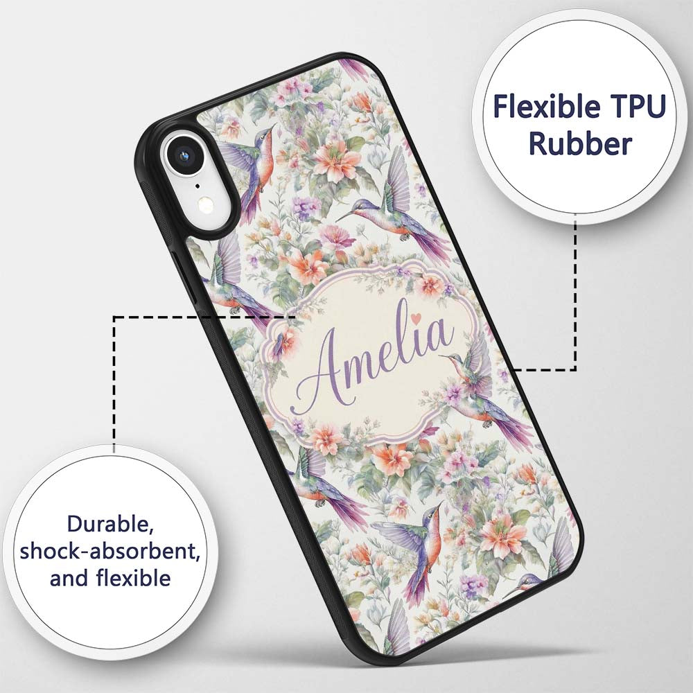 Colorful Hummingbird with Wildflower Garden Printed Design Custom Name Protective Phone Case Mobile Cover Durable Smartphone Shock Resistant