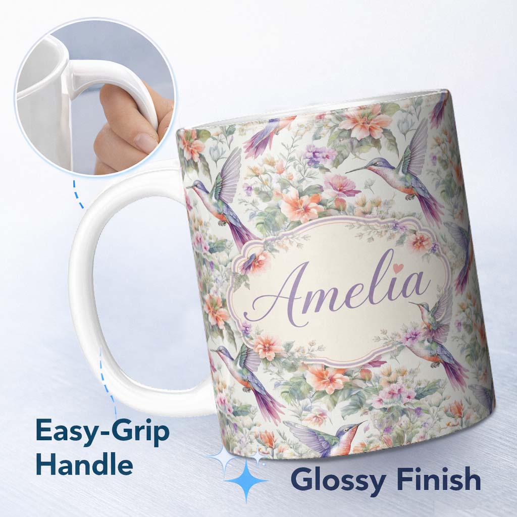 Personalized Custom Name Colorful Hummingbird with Wildflower Garden Seamless Pattern Name 11oz Ceramic Coffee Tea Mug White Large Handle