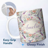 Personalized Custom Name Colorful Hummingbird with Wildflower Garden Seamless Pattern Name 11oz Ceramic Coffee Tea Mug White Large Handle
