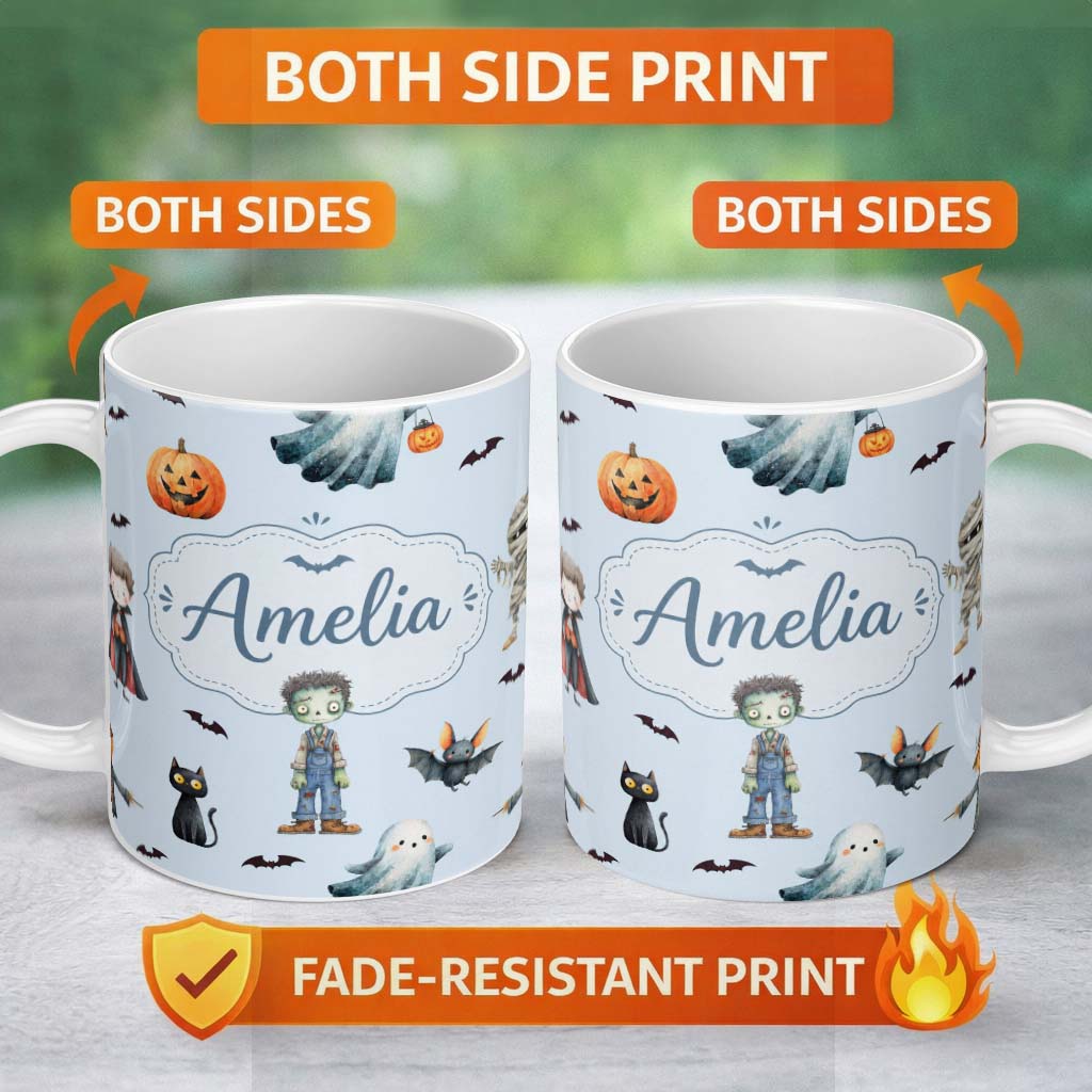 Personalized Custom Name Halloween Zombie Mummy Vampire and Bat Characters Blue Background 11oz Ceramic Coffee Tea Mug White Large Handle