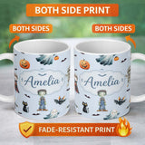 Personalized Custom Name Halloween Zombie Mummy Vampire and Bat Characters Blue Background 11oz Ceramic Coffee Tea Mug White Large Handle