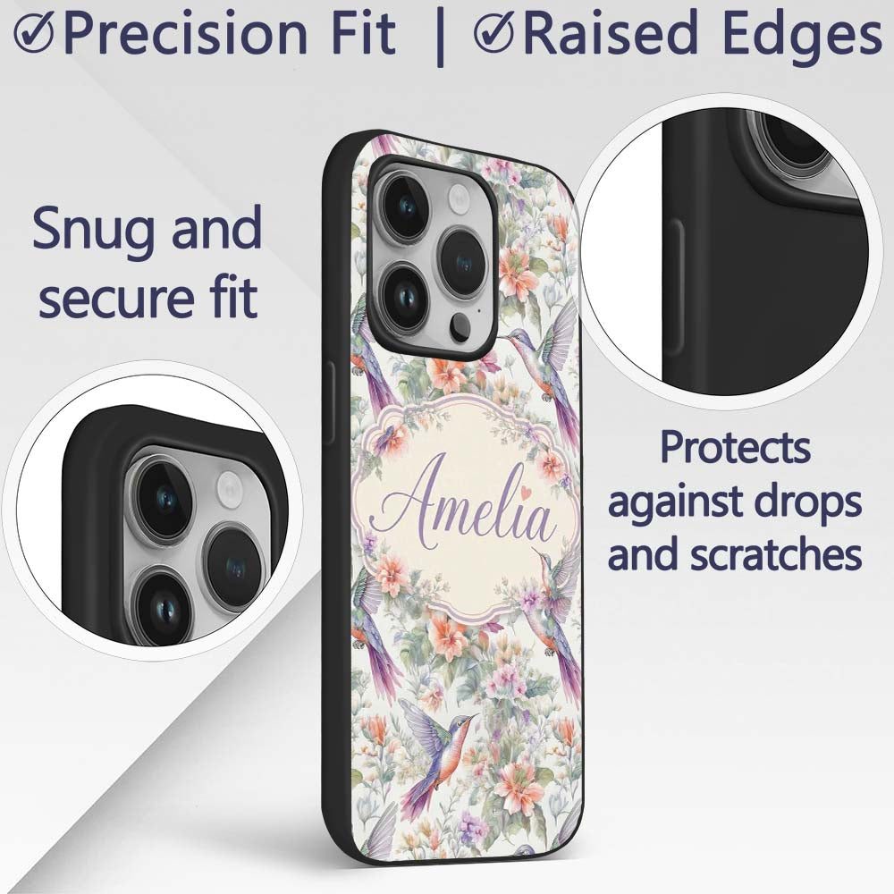 Colorful Hummingbird with Wildflower Garden Printed Design Custom Name Protective Phone Case Mobile Cover Durable Smartphone Shock Resistant